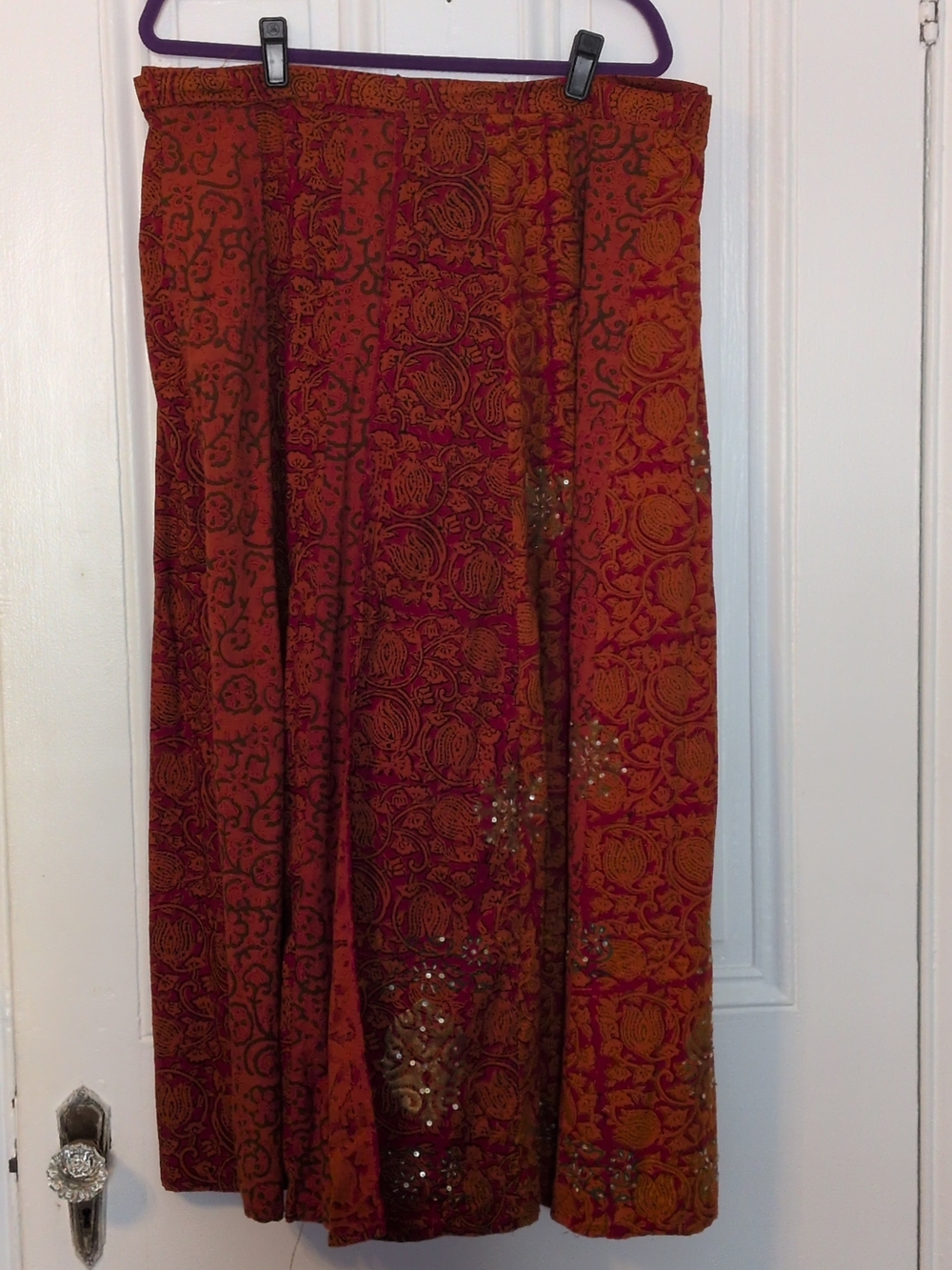 Boho Maxi True Wrap Skirt in Rust Red with Embellished Detail One Size